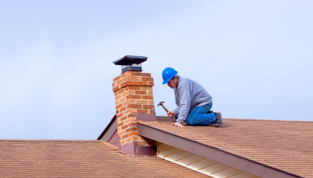 Roofer installing shingles