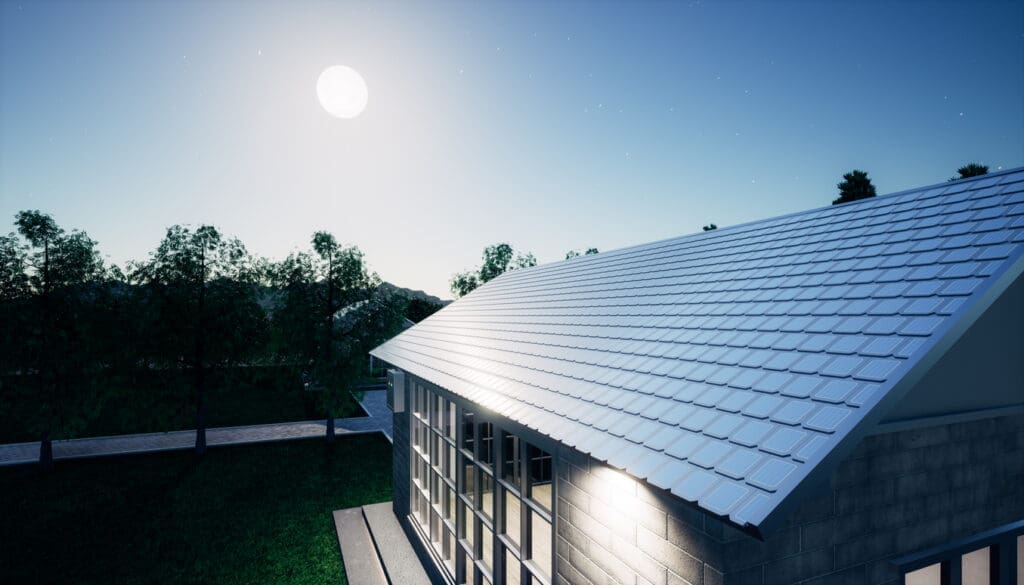 Evening shot of residential roof with sun in the background