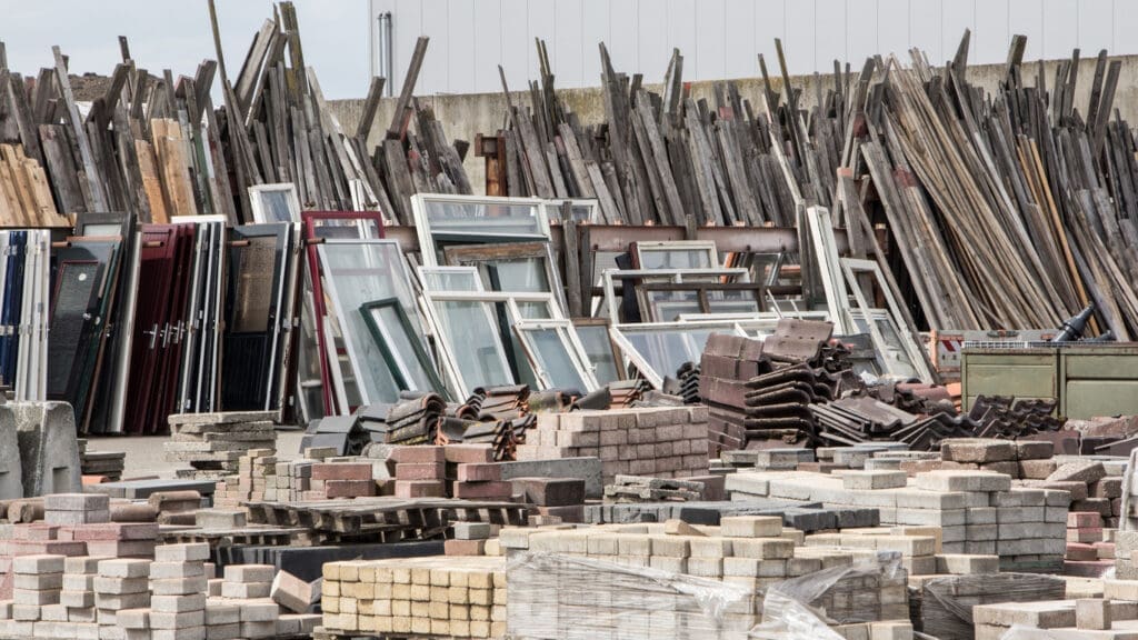 Yard of household materials such as windows and bricks