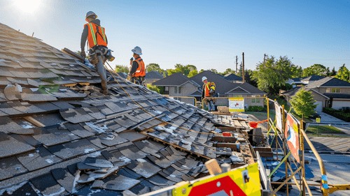 Close up of residential roof with storm damage