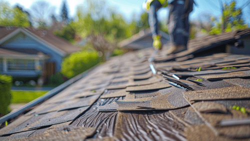 Close up of damaged shingles on roof