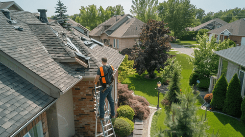 Roofing contractor evaluating residential roof damage