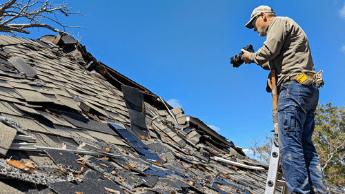 Residential roofer taking photos to evaluate storm damage for roofing repair