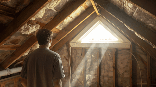 Sunlight coming through attic window under roofing insulation