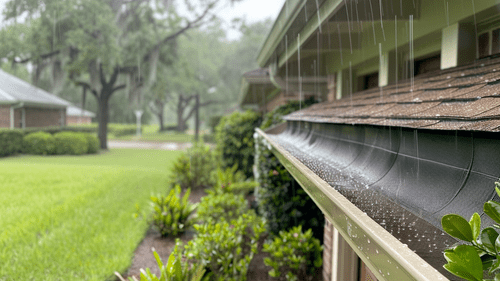 Gutters and roofing during rain storm