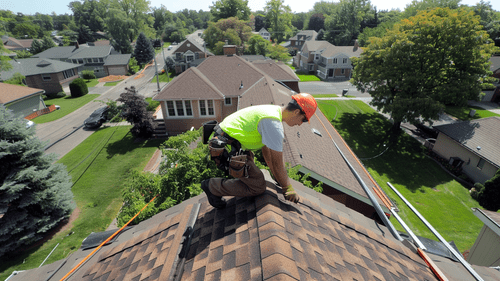 Roofing contractor installing shingles