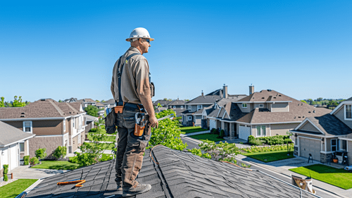 Roofer evaluating work in residential neighborhood