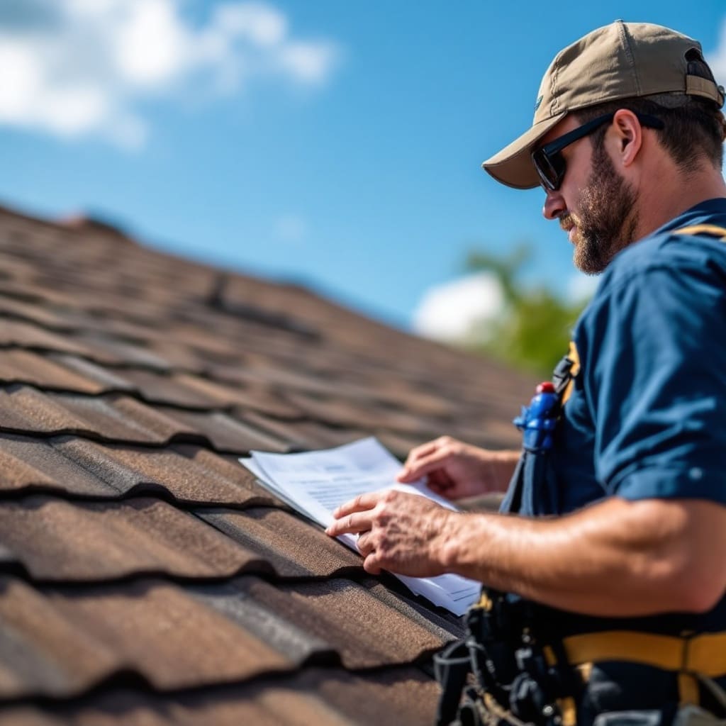 Certified roofer conducting a free roof inspection in Austin, TX, during a sunny day.