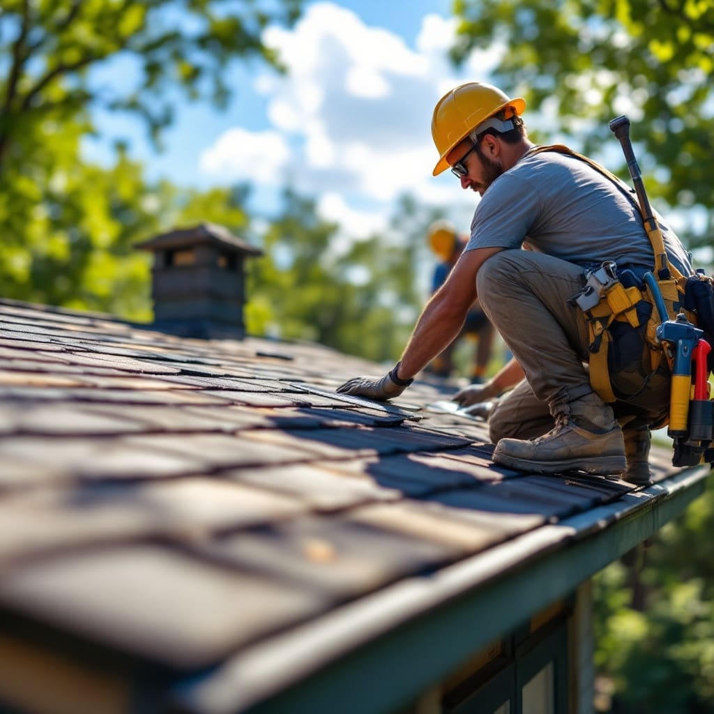 Skilled Roofers from Eternal Roofing Working on a House Roof in Austin, TX, with Vibrant City Background.