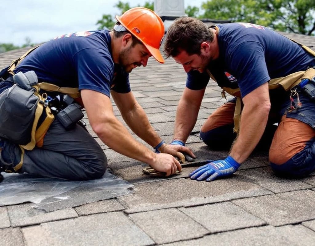 Eternal Roofing team conducting expert roof repair in Austin, TX, focusing on fixing leaks and replacing shingles.